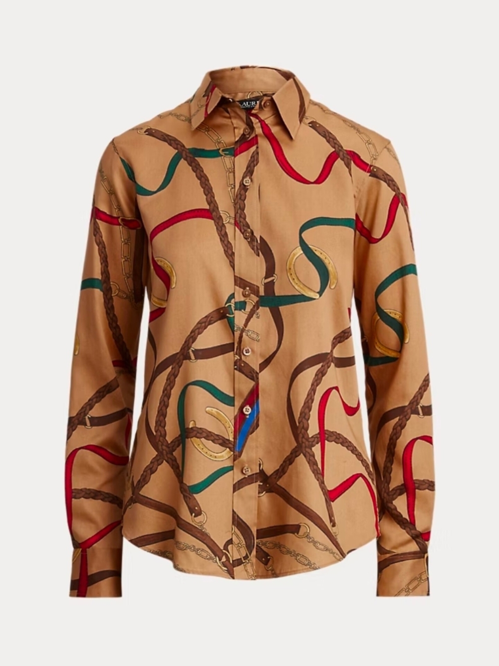 🔥Lauren Ralph Lauren Tan Chain & Strap Print Button-Down Shirt